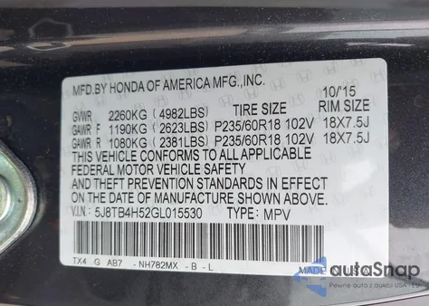 2016 Acura Rdx Technology Acurawatch Plus Packages/Technology Package from USA, damaged, VIN 5J8TB4H52GL015530